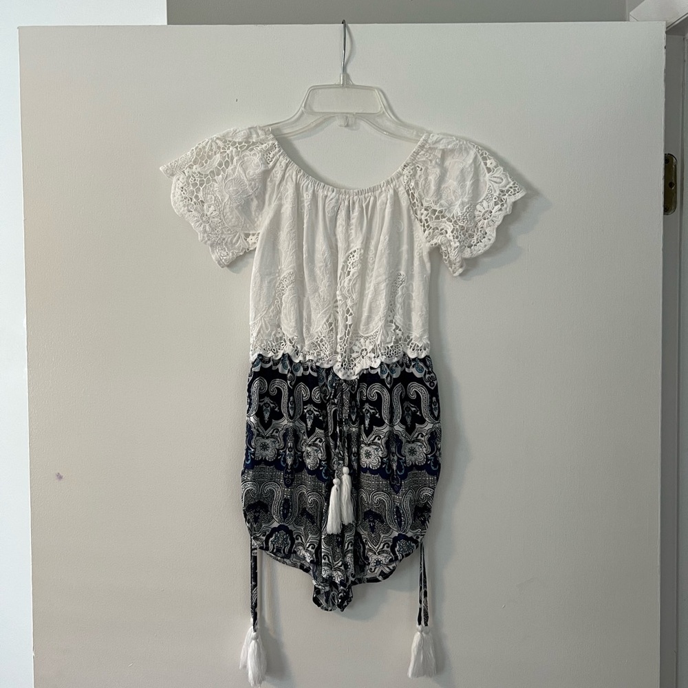 Blue and White Off-Shoulder Romper